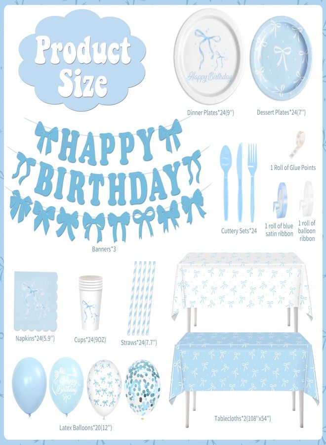 THAWAY Blue Bow Birthday Party Supplies, 220Pcs Coquette Birthday Decorations Includes Bow Plates Napinks Cups Straws Cutlery Tablecloths Banners and Balloons Blue Bow Theme Tableware Serves 24 Guests - Image 2